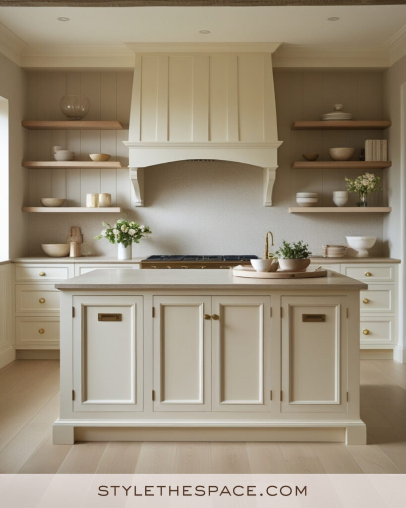 Ivory Kitchen Design with Warm Wood and Brass Accents