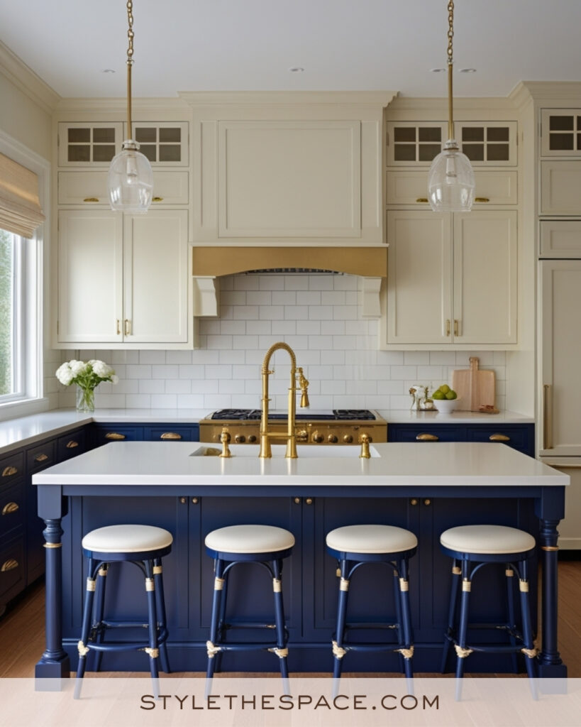 Ivory Kitchen with Navy Blue Island and Brass Accents