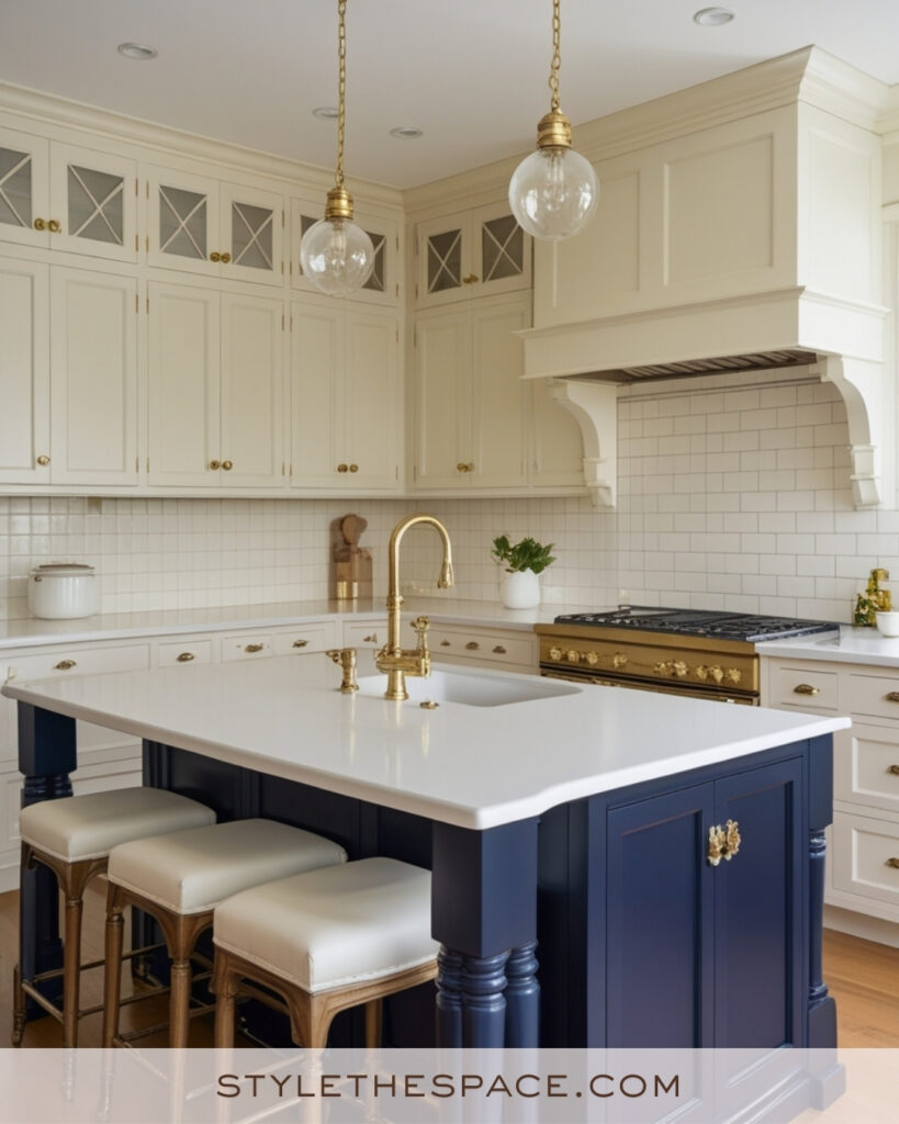 Ivory Kitchen with Navy Blue Island and Brass Accents