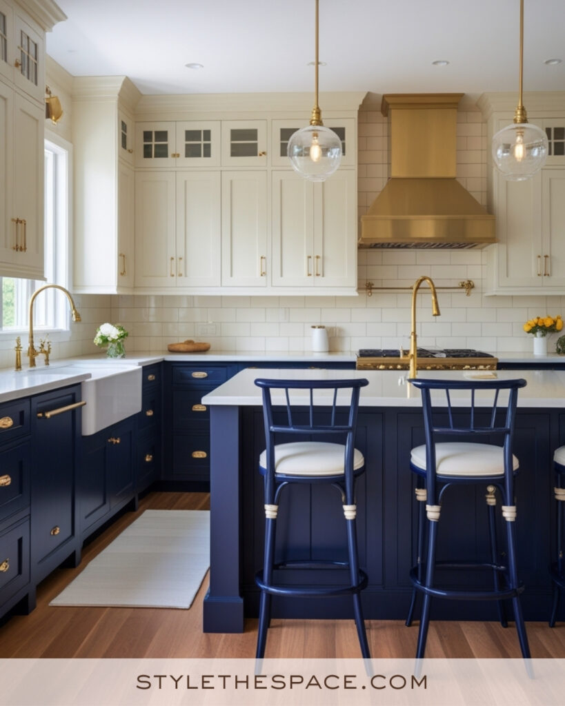 Ivory Kitchen with Navy Blue Island and Brass Accents