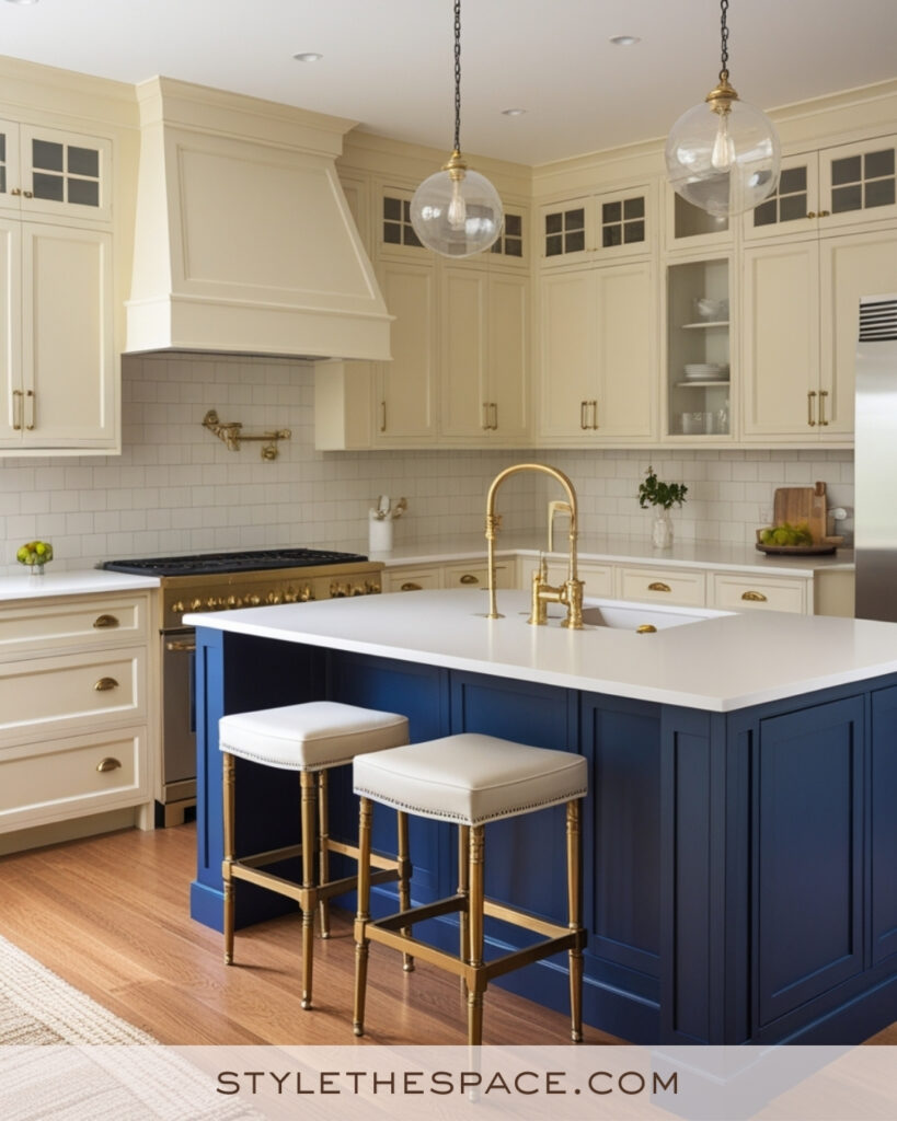 Ivory Kitchen with Navy Blue Island and Brass Accents