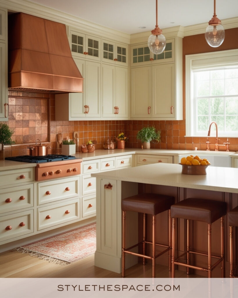 Ivory Kitchen with Copper Accents and Warm Terracotta Tiles