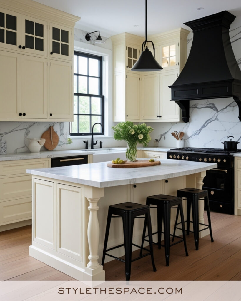 Ivory Kitchen with Black Accents and Marble Backsplash