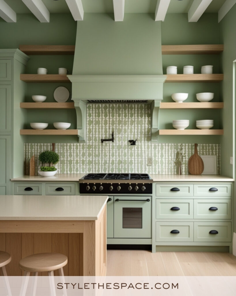 Ivory and Sage Green Kitchen with Natural Wood Accents