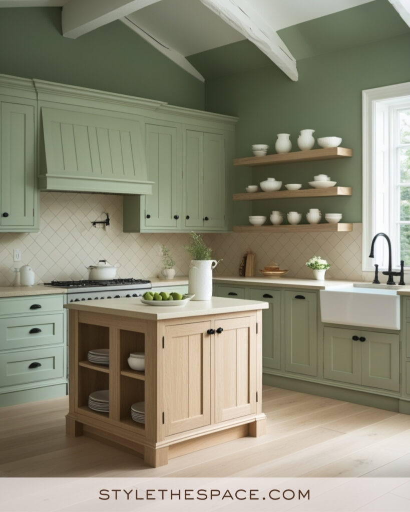 Ivory and Sage Green Kitchen with Natural Wood Accents