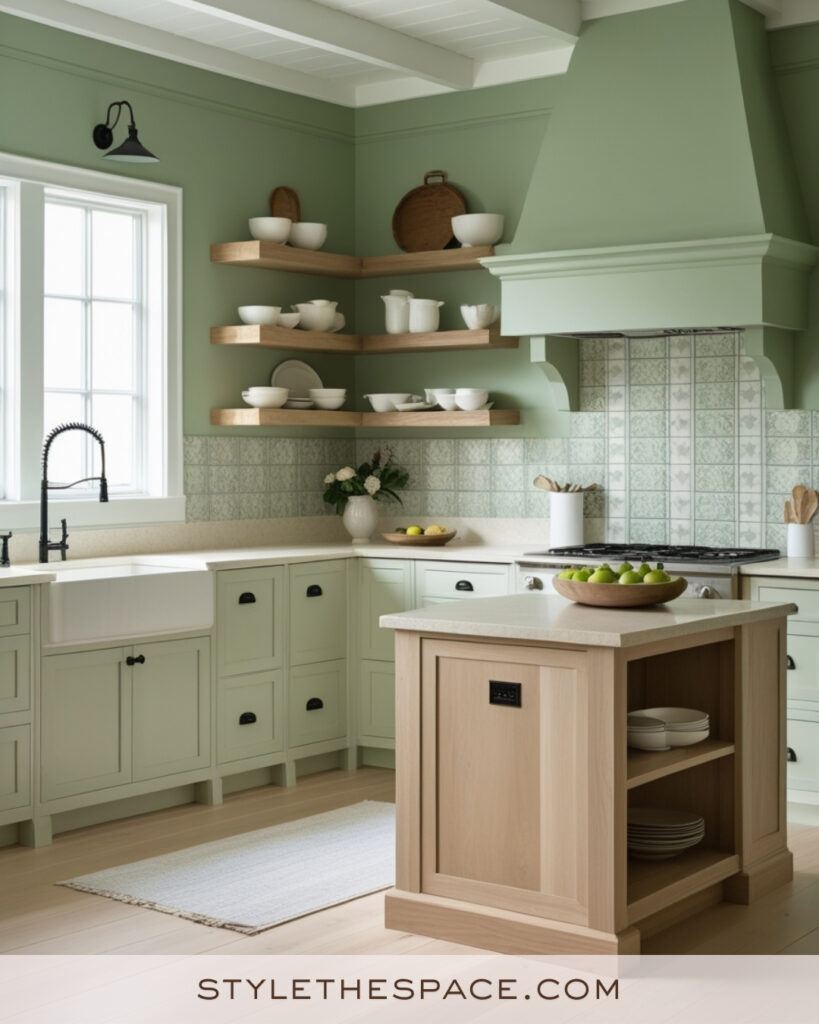 Ivory and Sage Green Kitchen with Natural Wood Accents