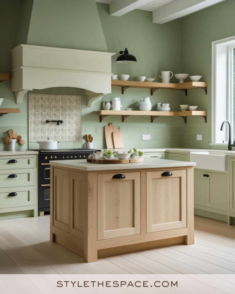 Ivory and Sage Green Kitchen with Natural Wood Accents