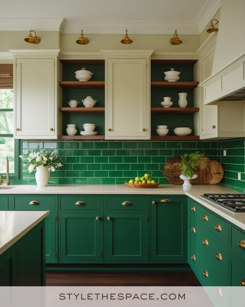 Ivory Kitchen with Emerald Green Cabinets and Tile