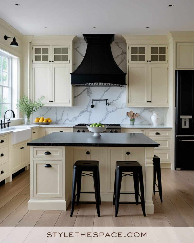 Ivory Kitchen with Black Accents and Marble Backsplash