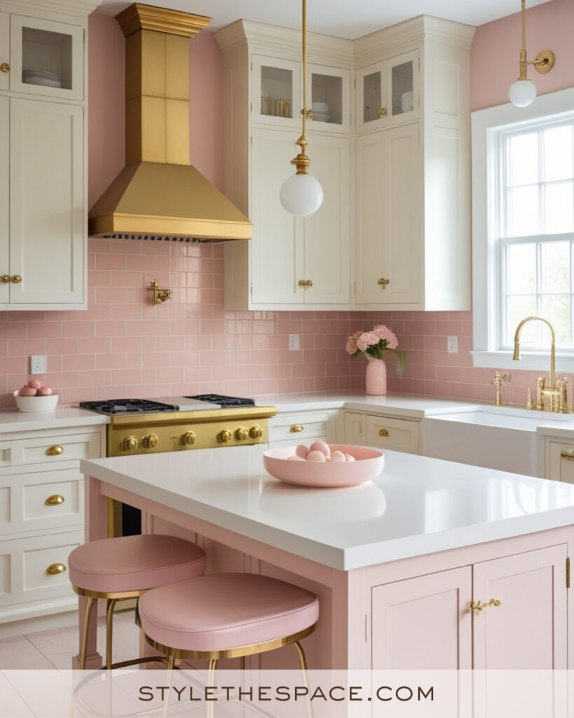 Ivory Kitchen with Soft Blush Pink Accents and Gold Details
