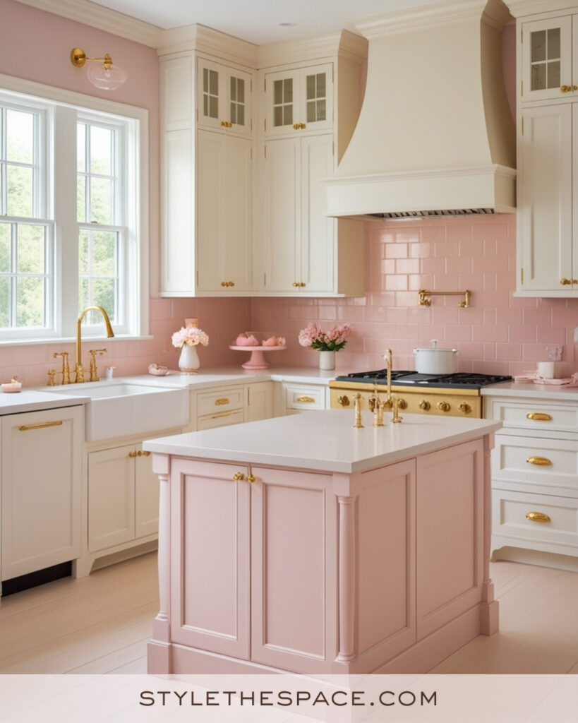 Ivory Kitchen with Soft Blush Pink Accents and Gold Details