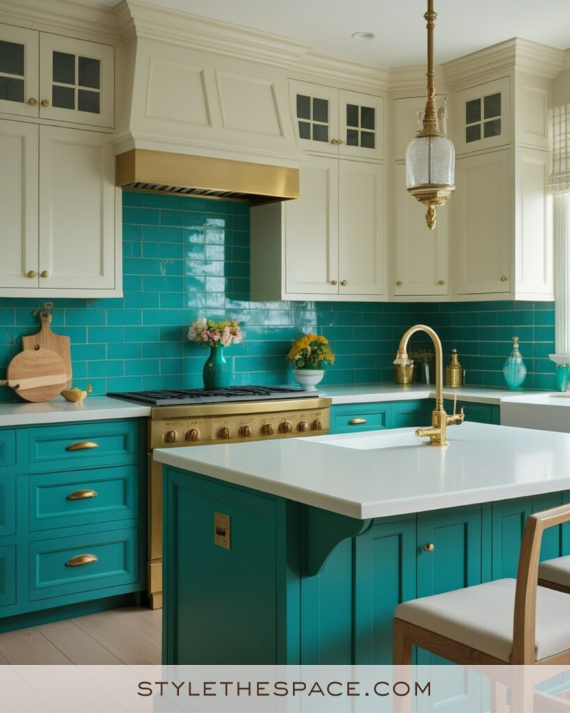 Ivory Kitchen with Turquoise Cabinets and Brass Accents