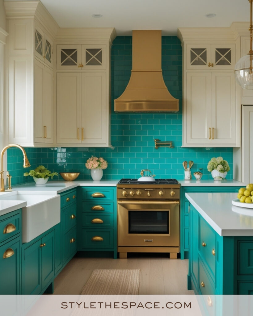 Ivory Kitchen with Turquoise Cabinets and Brass Accents