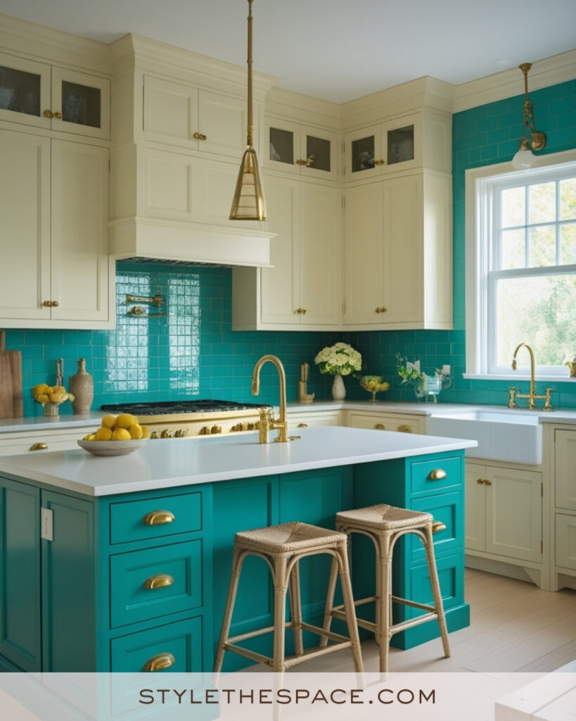 Ivory Kitchen with Turquoise Cabinets and Brass Accents