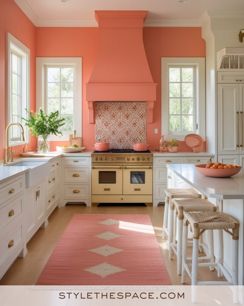 Ivory Kitchen with Coral Walls and Warm Brass Accents