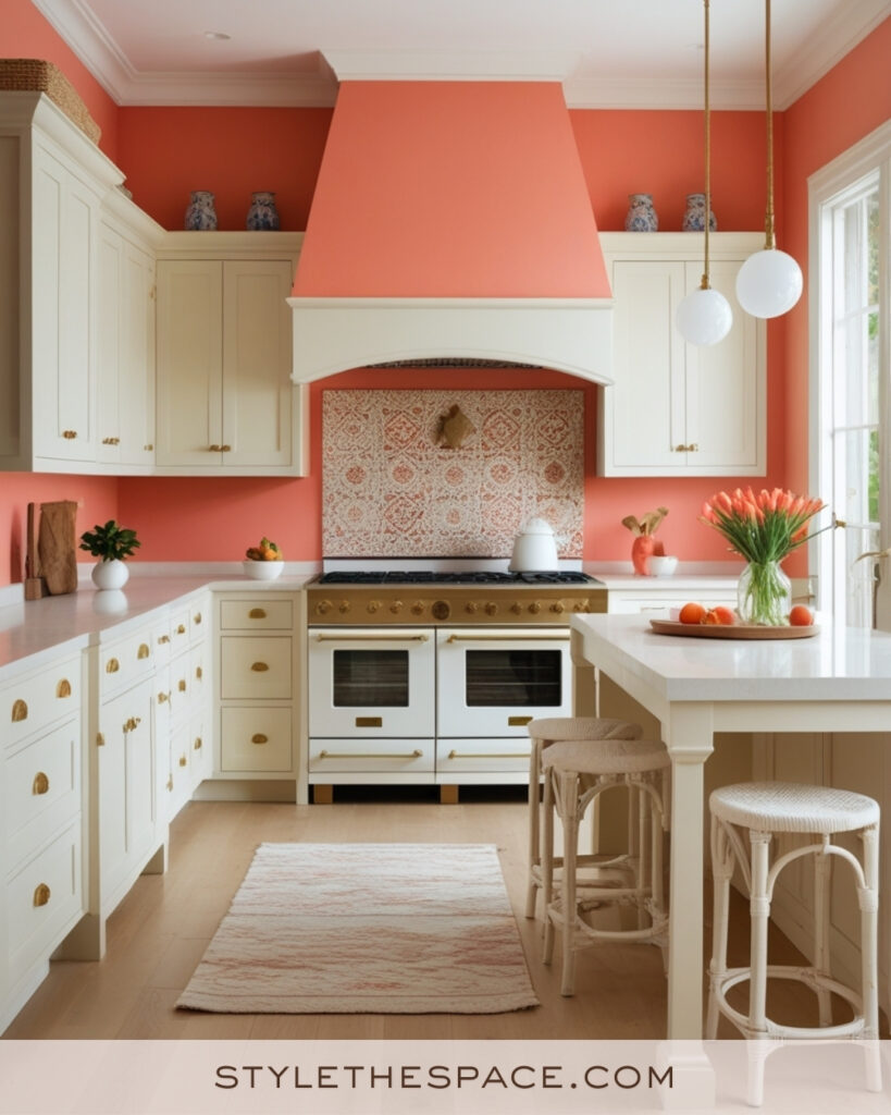 Ivory Kitchen with Coral Walls and Warm Brass Accents