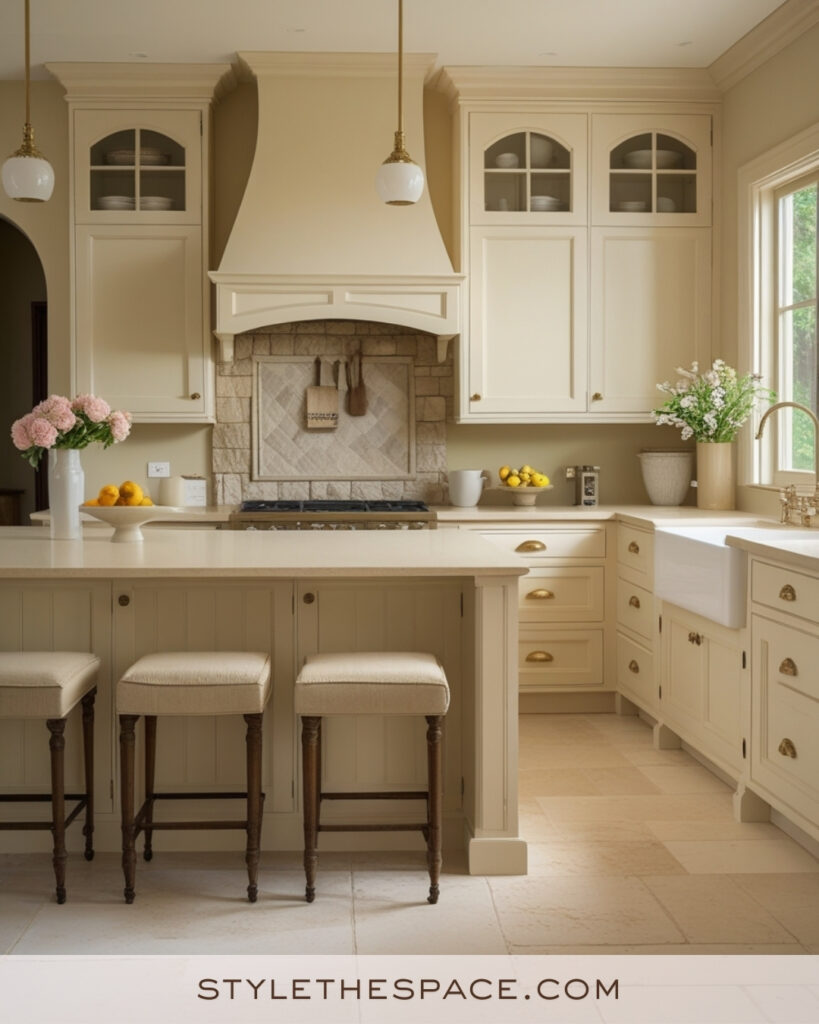Classic Ivory Kitchen with Beige Stone and Warm Brass Details