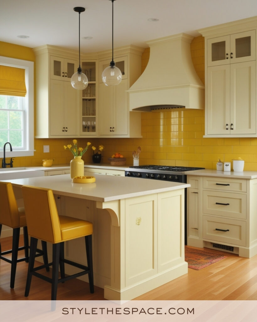 Ivory Kitchen with Bold Mustard Yellow Backsplash