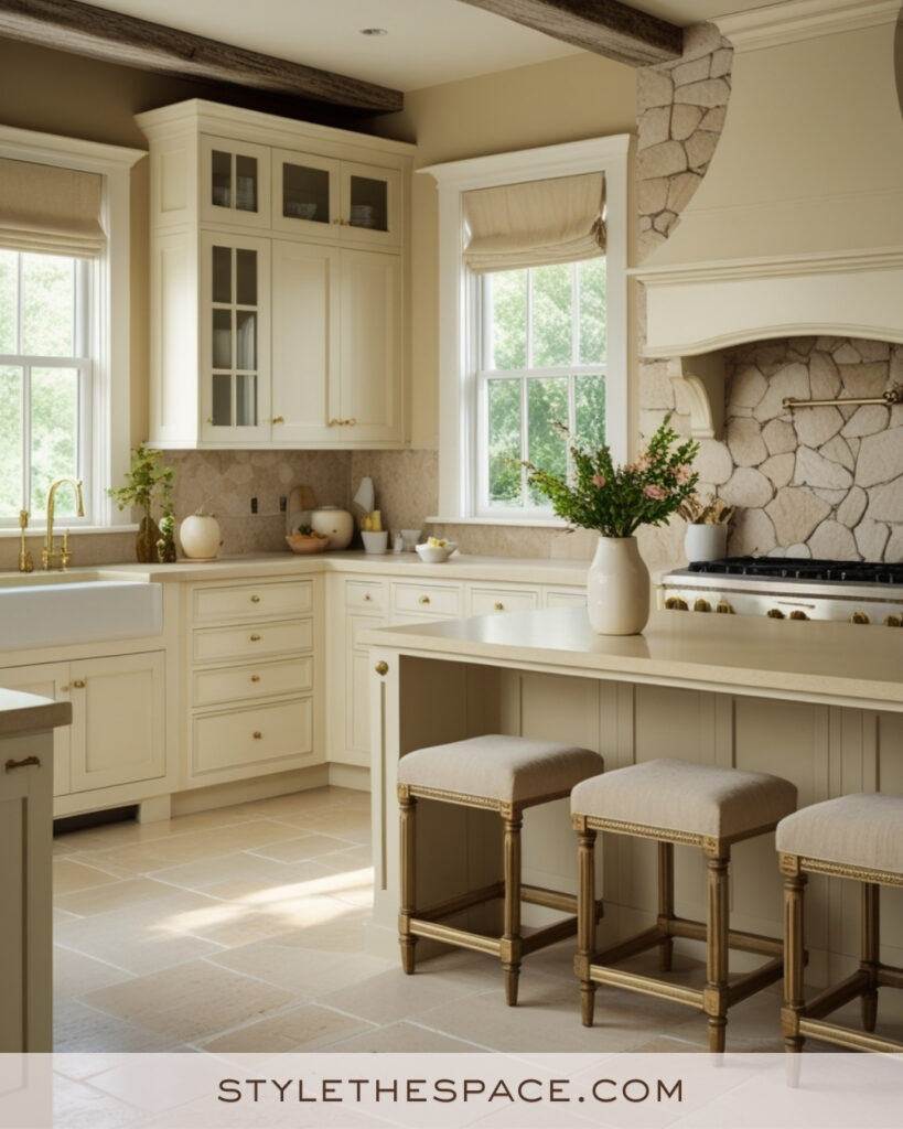 Classic Ivory Kitchen with Beige Stone and Warm Brass Details