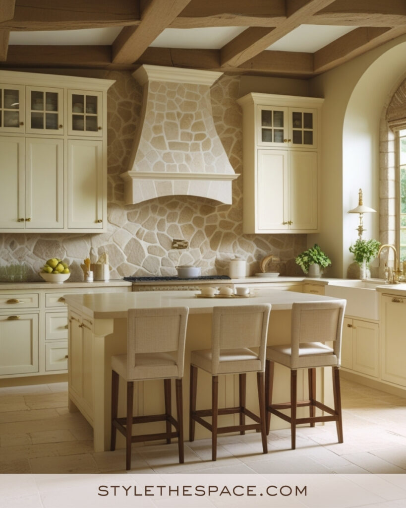 Classic Ivory Kitchen with Beige Stone and Warm Brass Details