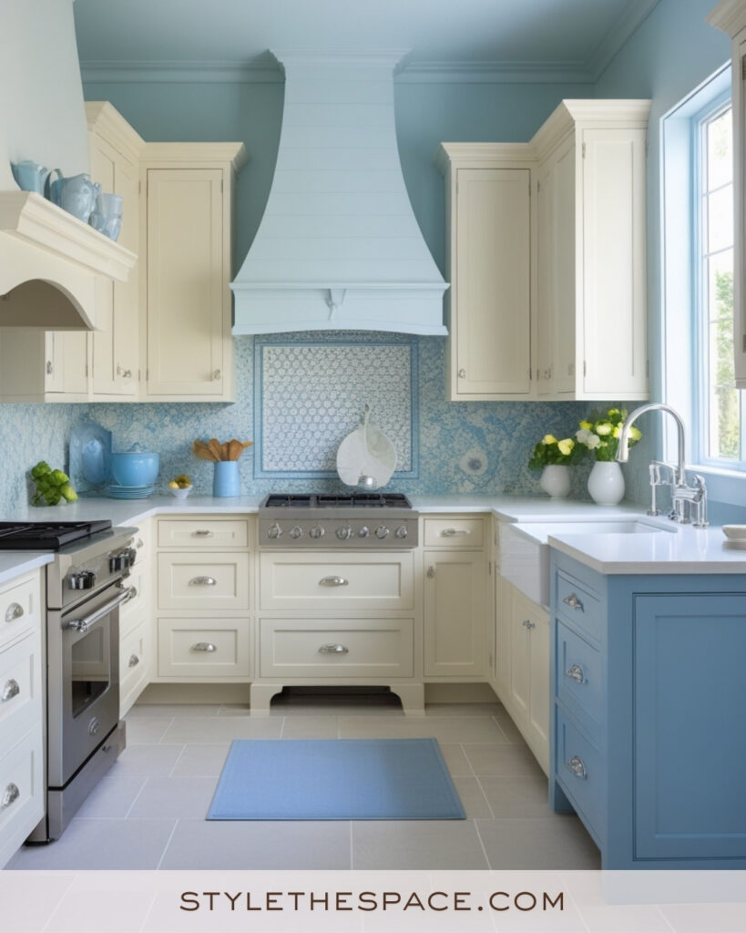 Ivory Kitchen with Soft Blue Cabinets and Patterned Tile
