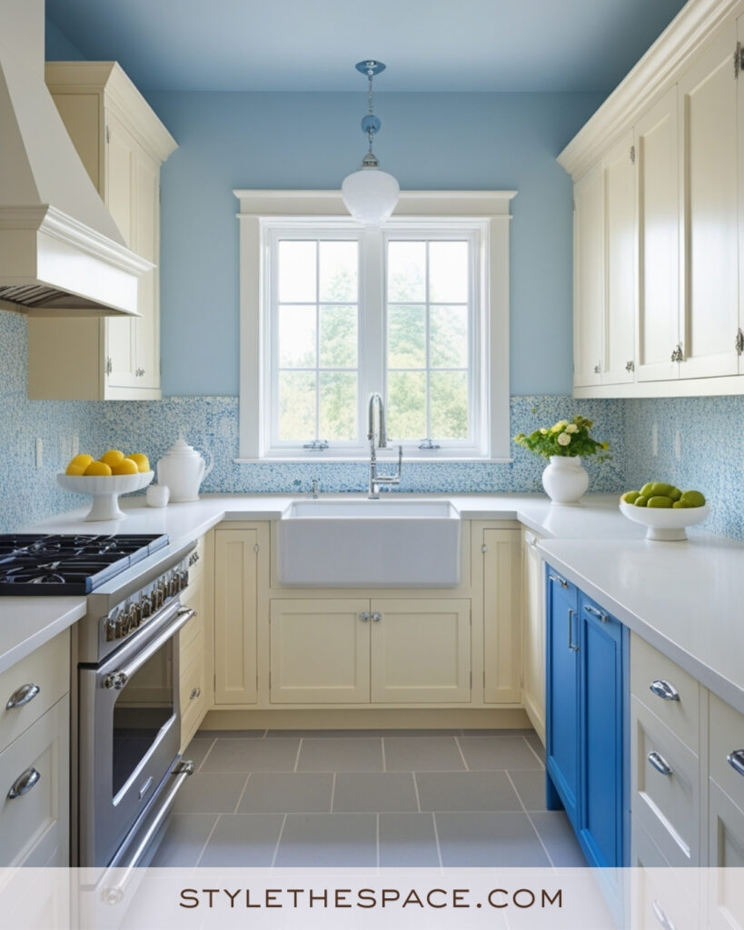Ivory Kitchen with Soft Blue Cabinets and Patterned Tile