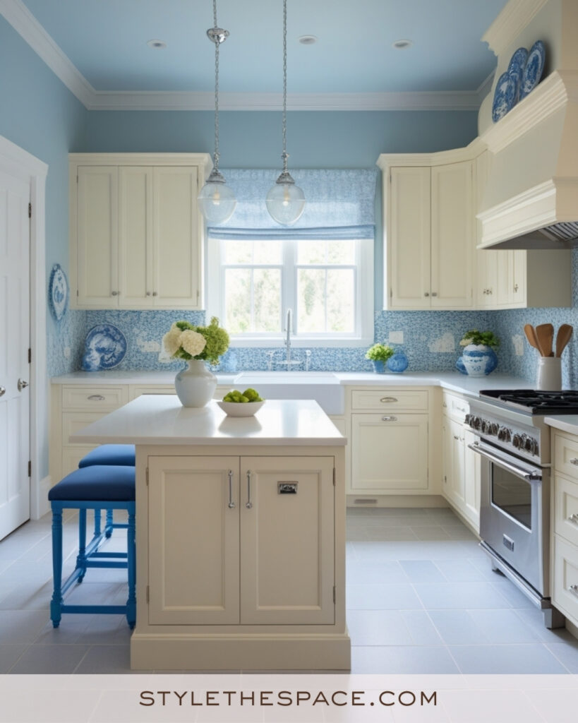 Ivory Kitchen with Soft Blue Cabinets and Patterned Tile