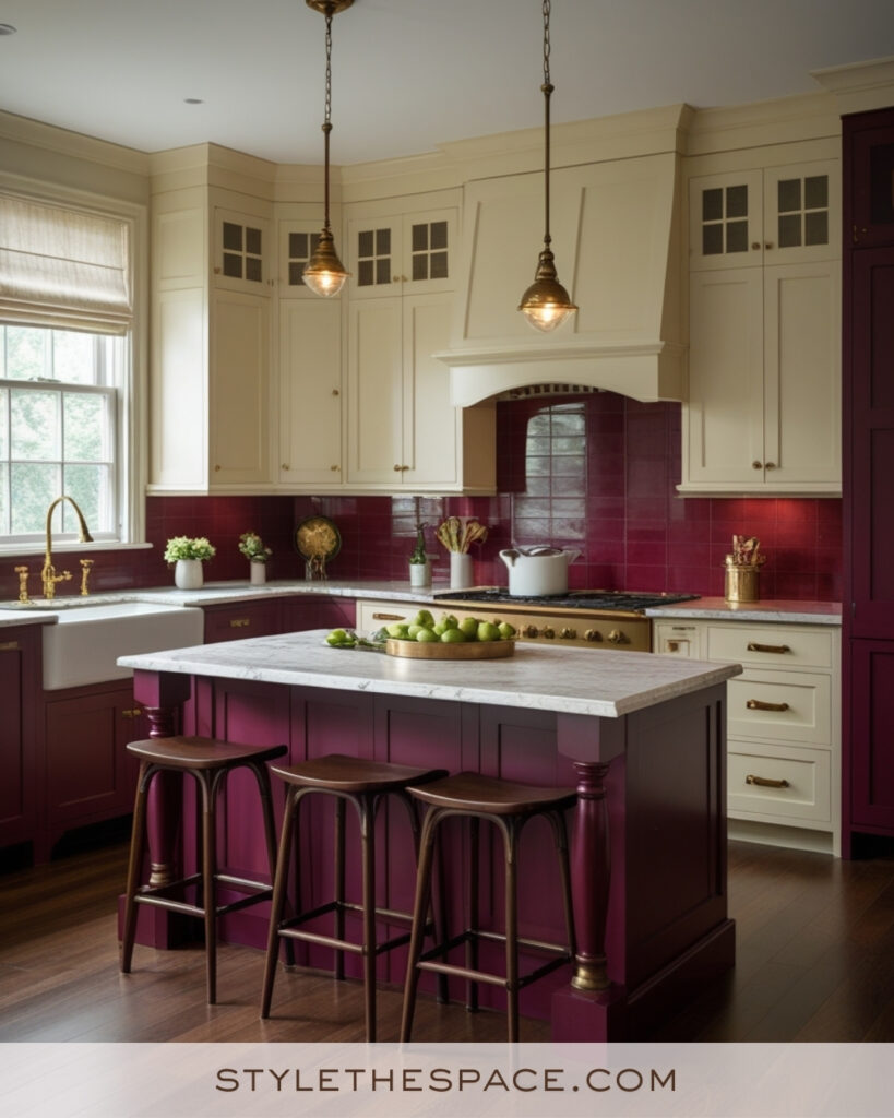 Ivory Kitchen with Burgundy Cabinets and Rich Jewel-Tone Tiles
