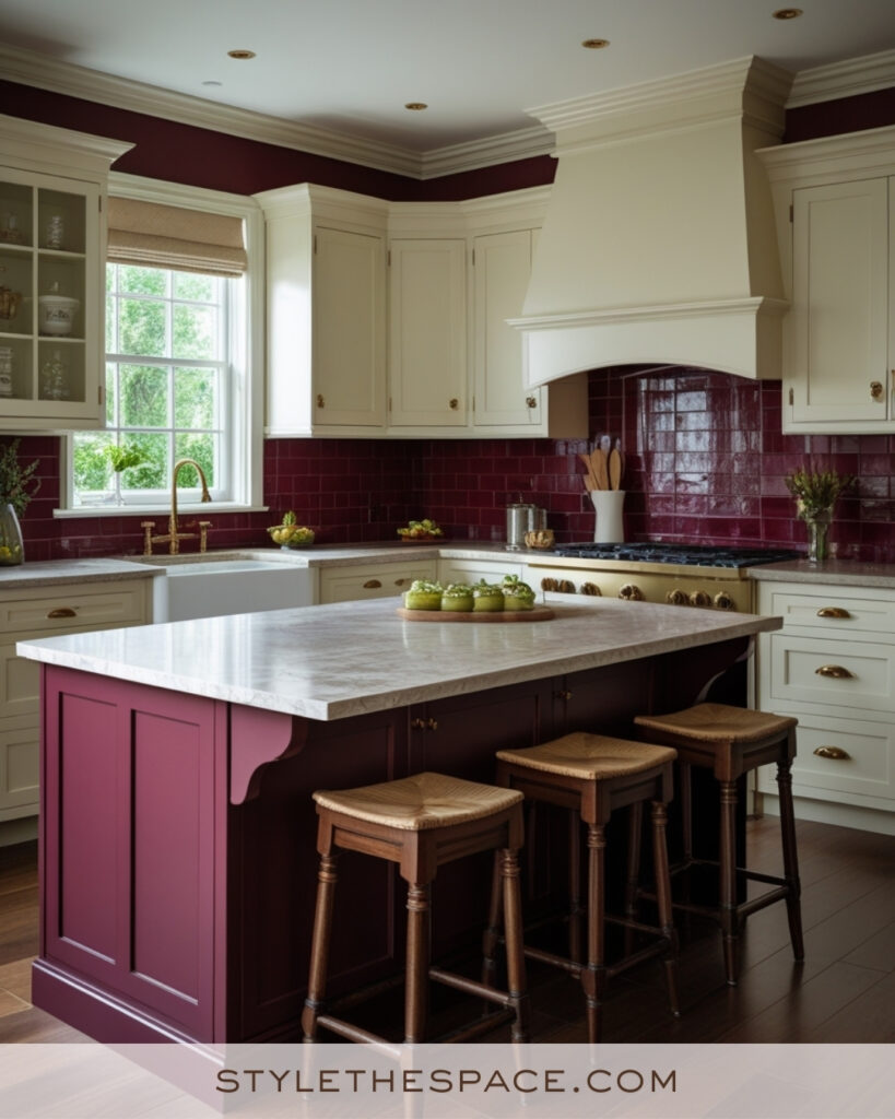 Ivory Kitchen with Burgundy Cabinets and Rich Jewel-Tone Tiles