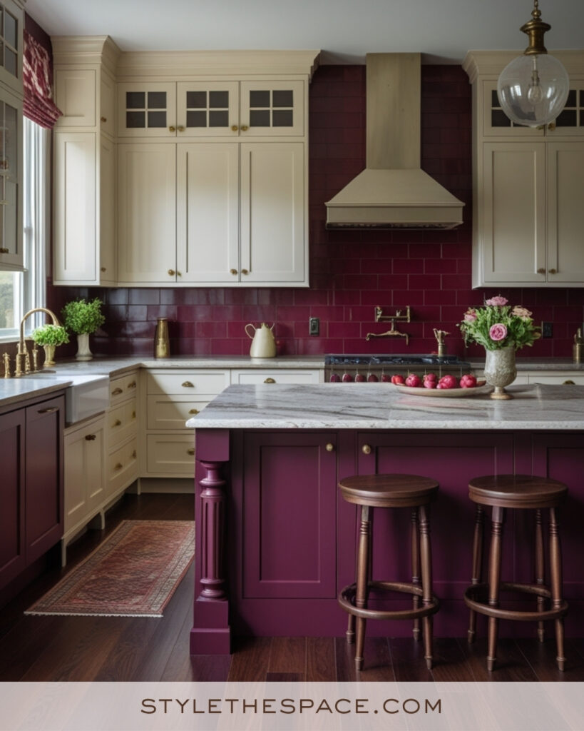 Ivory Kitchen with Burgundy Cabinets and Rich Jewel-Tone Tiles