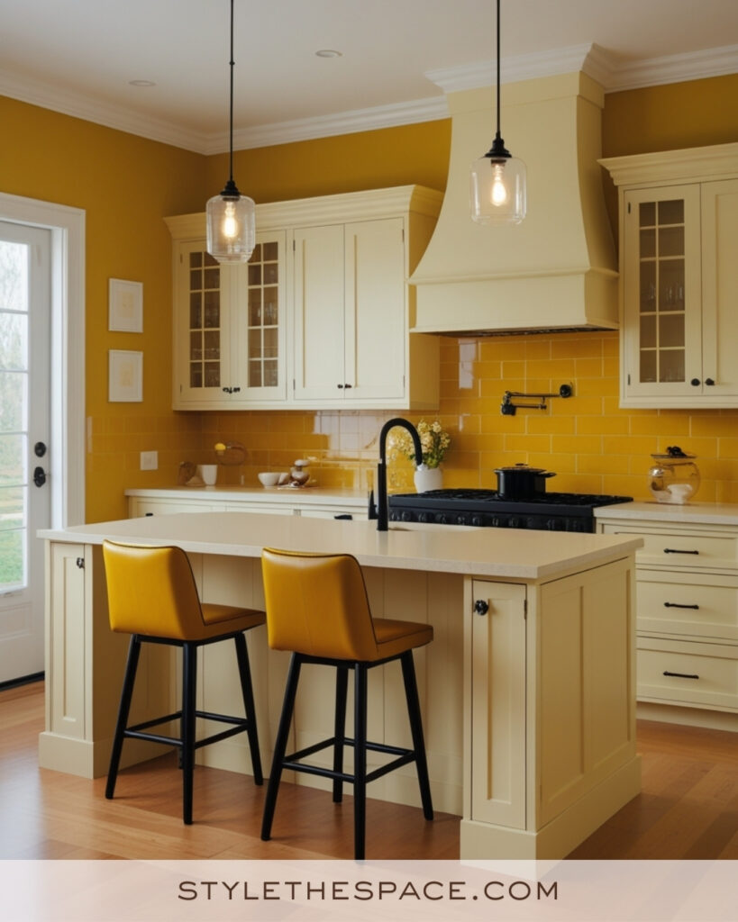 Ivory Kitchen with Bold Mustard Yellow Backsplash