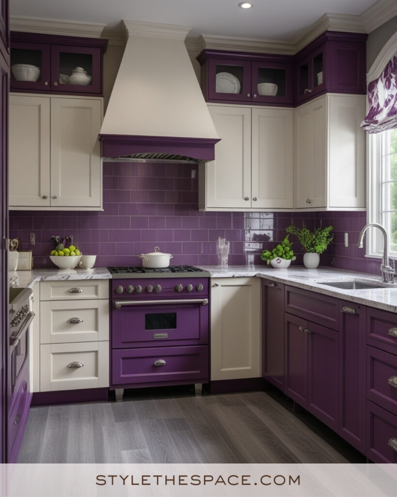 Ivory Kitchen with Deep Plum Cabinets and Tile