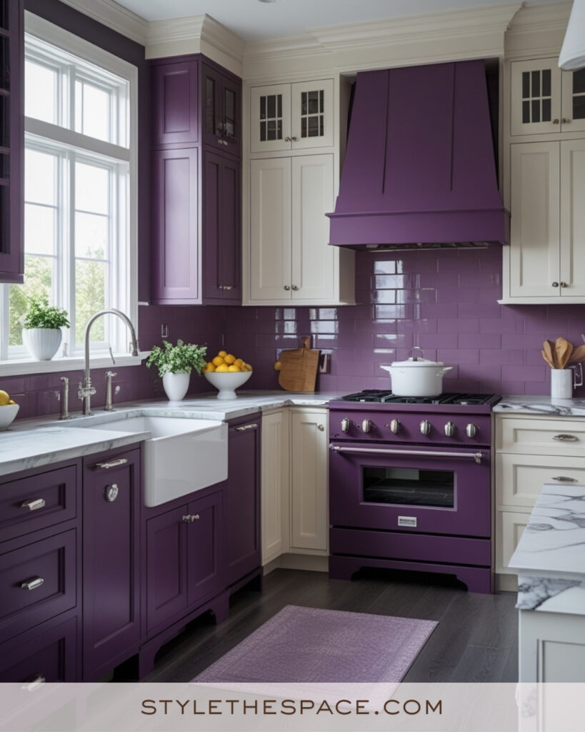 Ivory Kitchen with Deep Plum Cabinets and Tile