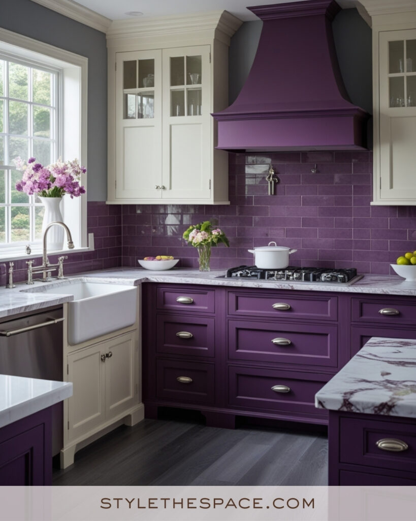 Ivory Kitchen with Deep Plum Cabinets and Tile