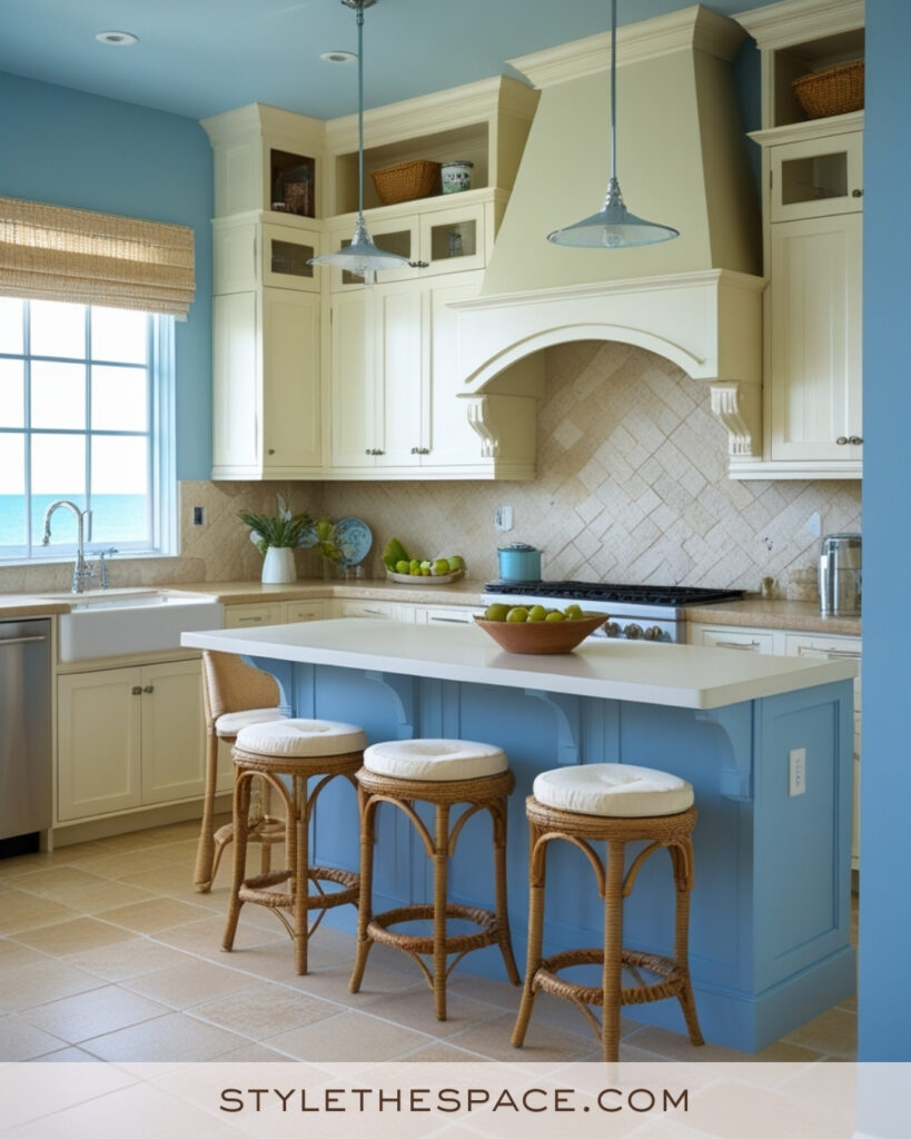 Ivory Kitchen with Sky Blue Island and Coastal Colors