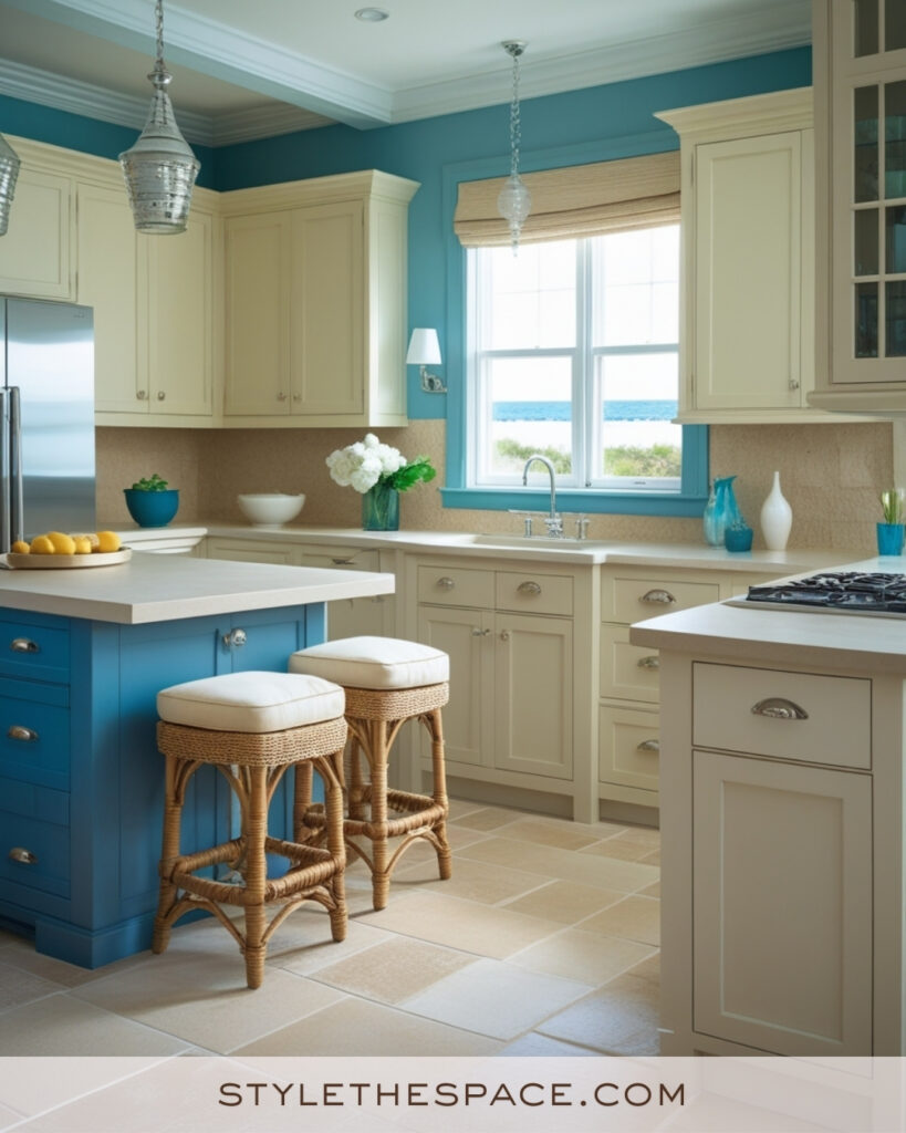 Ivory Kitchen with Sky Blue Island and Coastal Colors