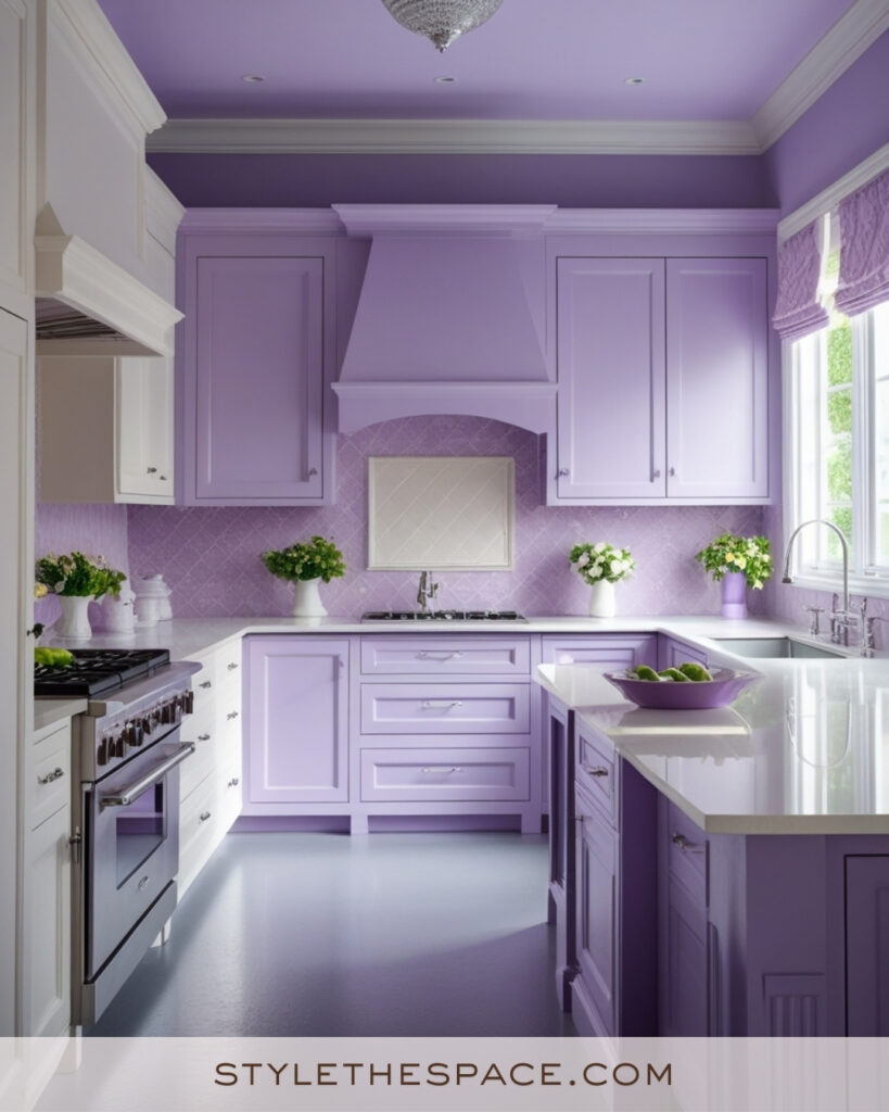 Ivory Kitchen with Soft Lavender Cabinets and Pastel Tiles
