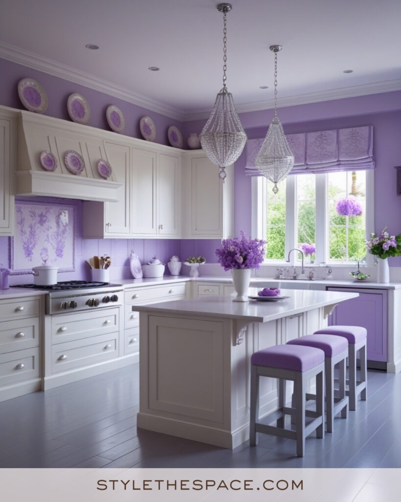 Ivory Kitchen with Soft Lavender Cabinets and Pastel Tiles