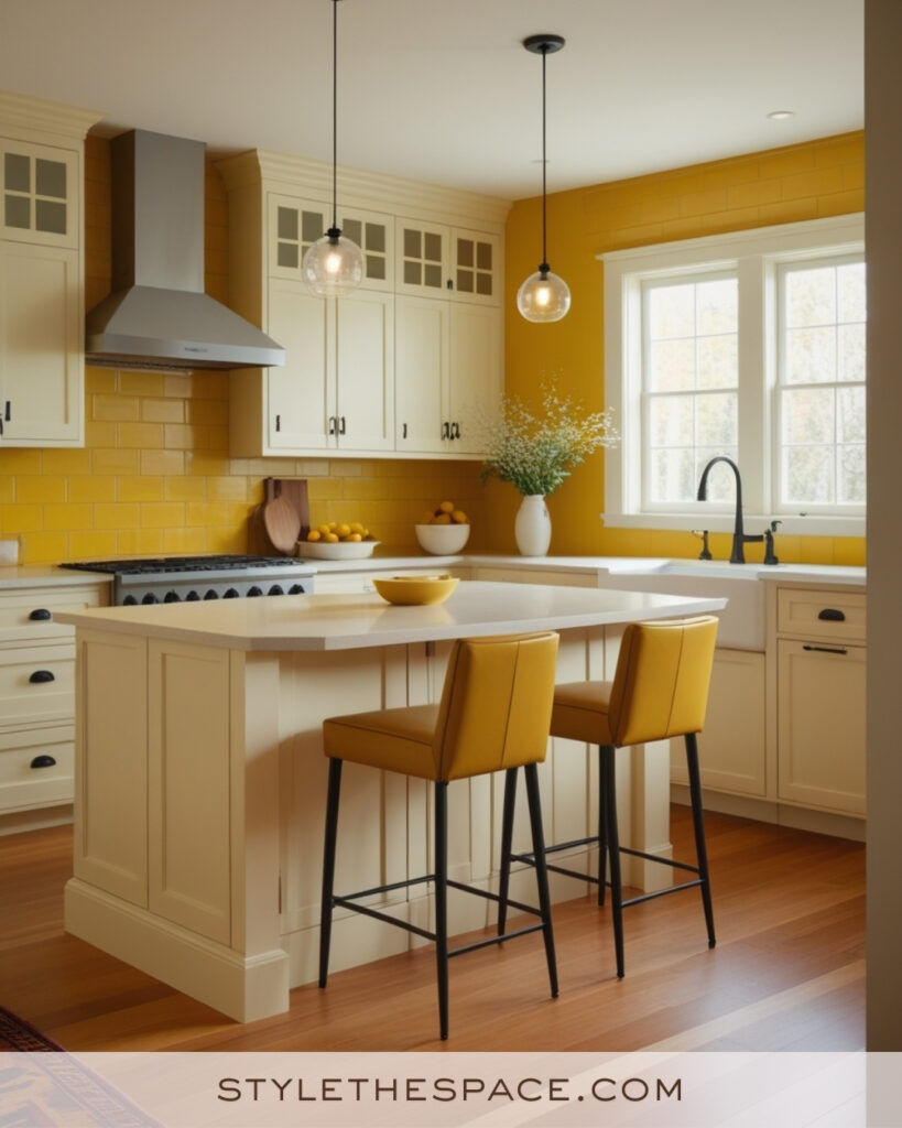 Ivory Kitchen with Bold Mustard Yellow Backsplash