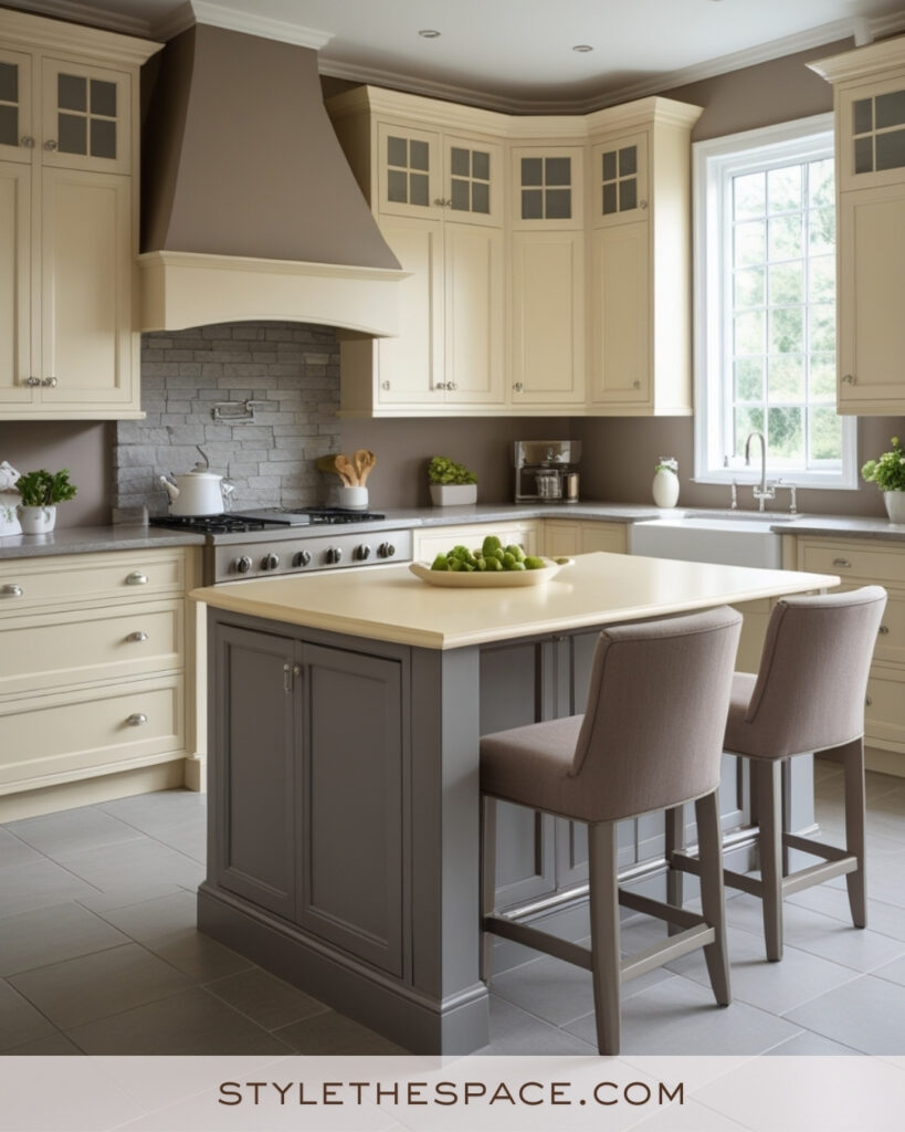 Elegant Ivory Kitchen with Gray Island and Stone Backsplash