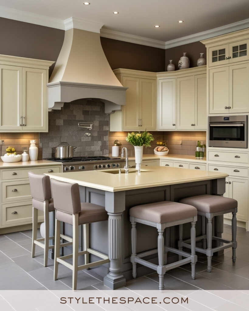 Elegant Ivory Kitchen with Gray Island and Stone Backsplash