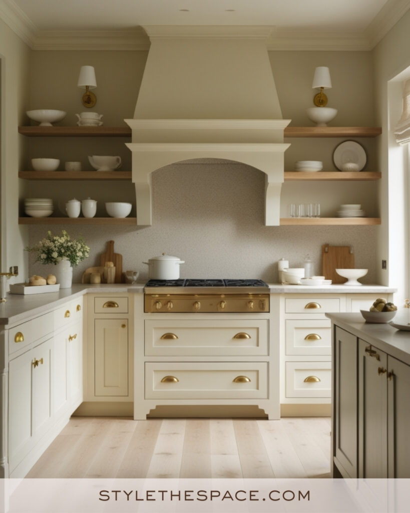 Ivory Kitchen Design with Warm Wood and Brass Accents