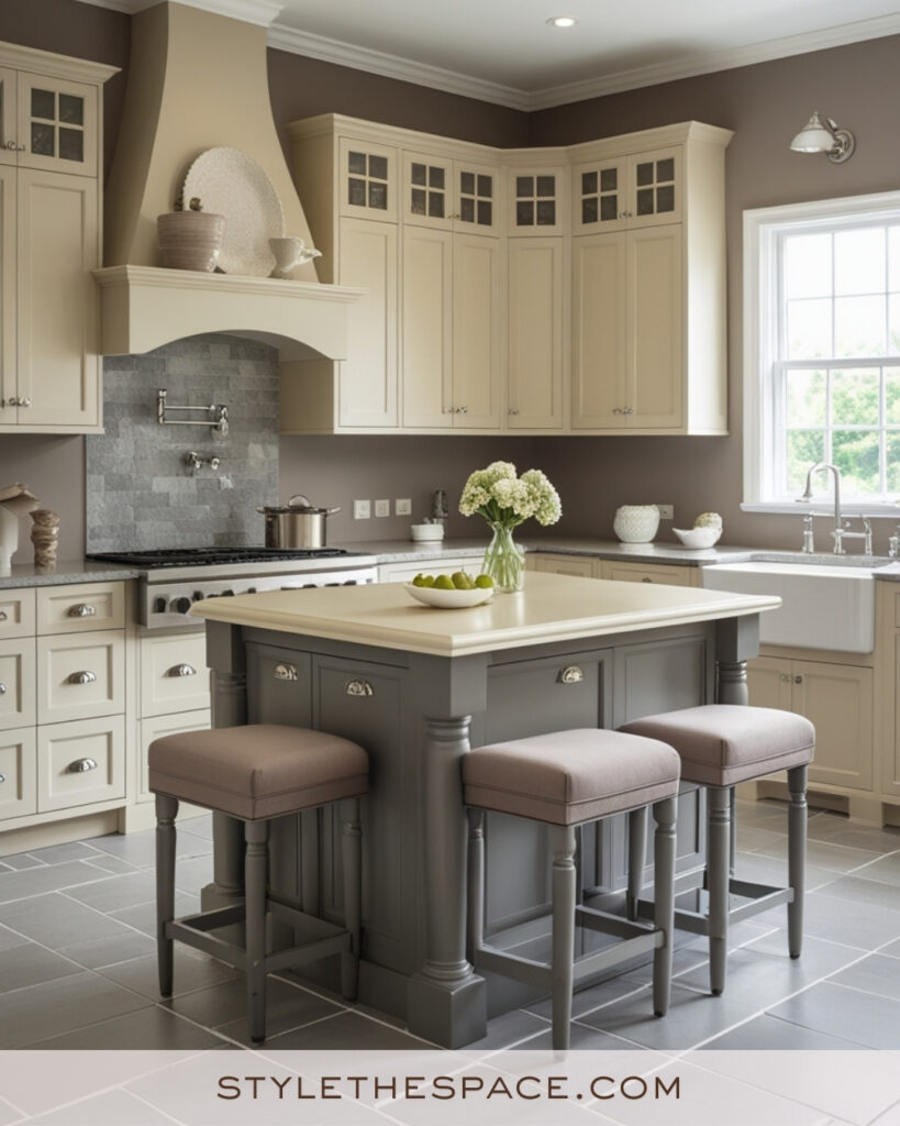 Elegant Ivory Kitchen with Gray Island and Stone Backsplash