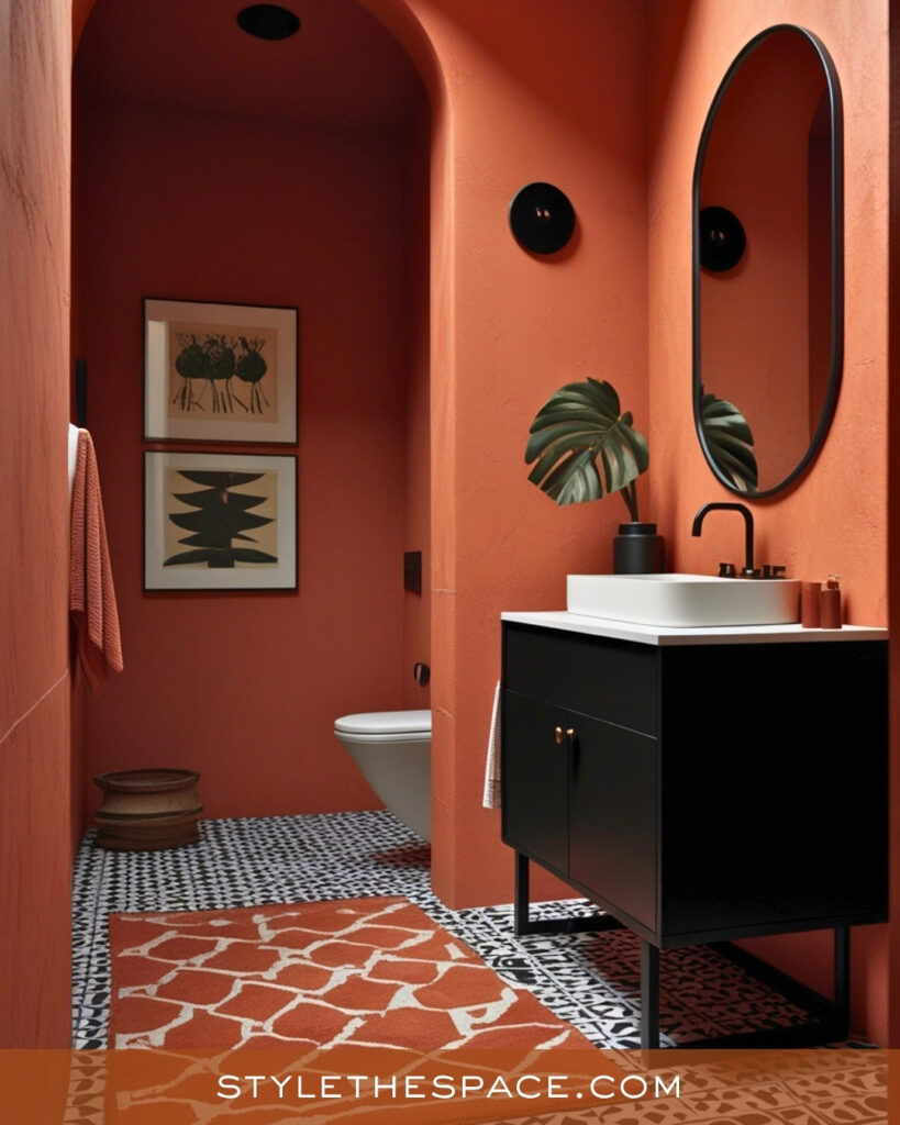 Terracotta and Black Bathroom With Vintage Contrast