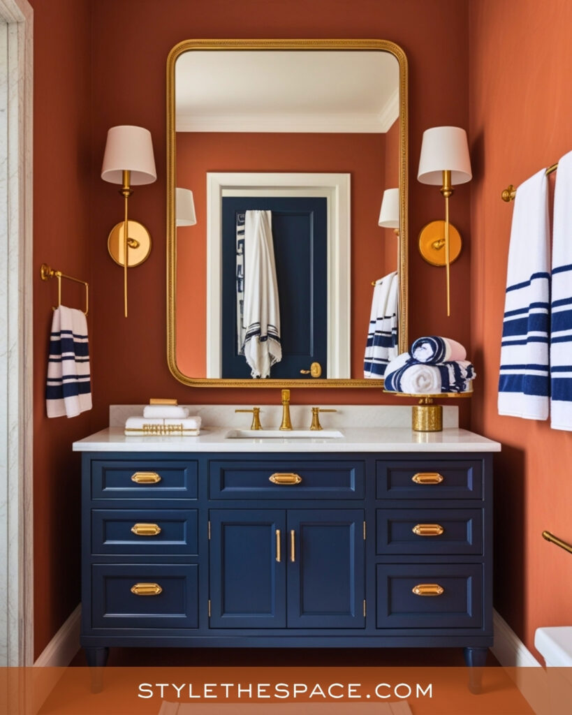 Terracotta and Navy Bathroom With Brass Accents