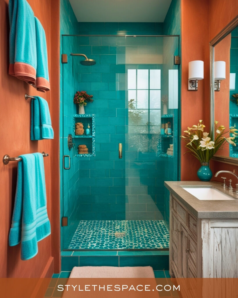 Terracotta and Teal Bathroom With Bold Contrast