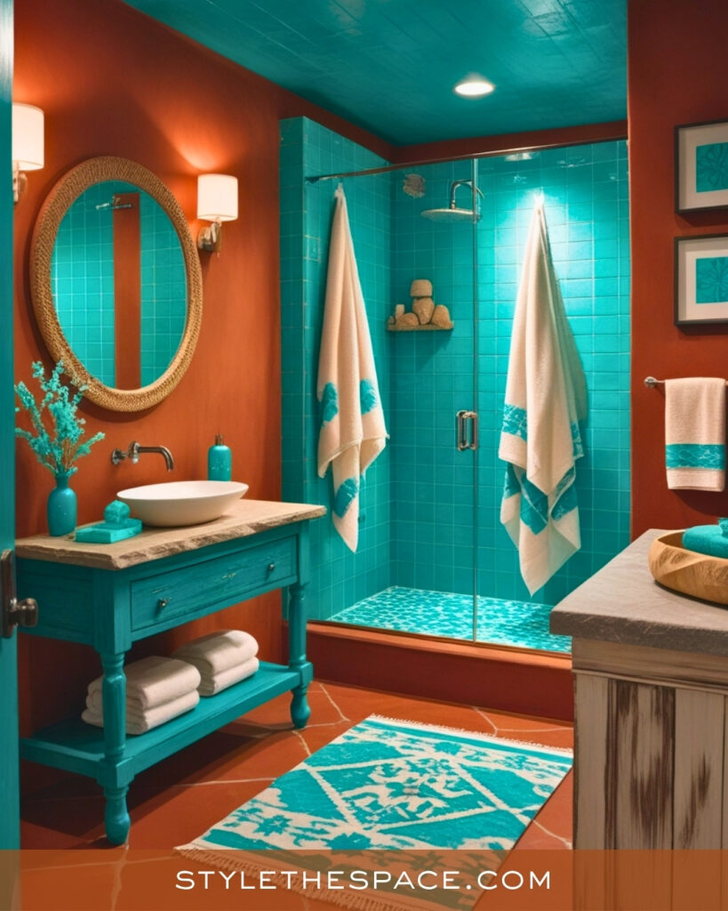 Terracotta and Teal Bathroom With Bold Contrast