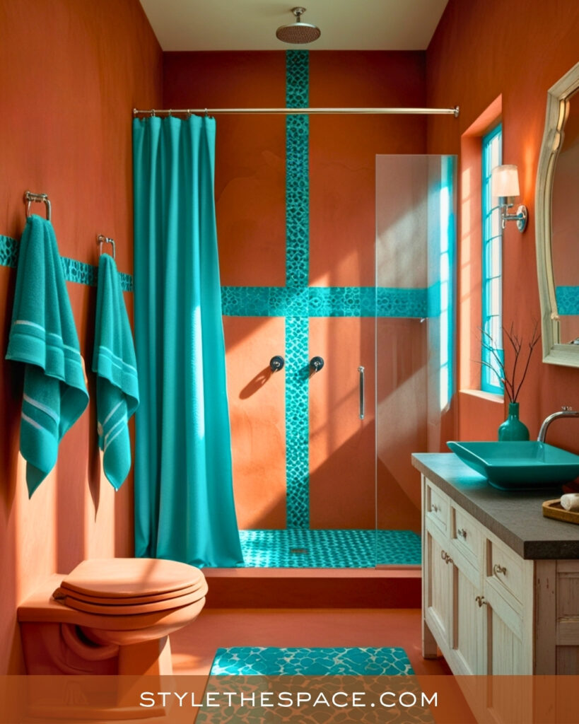 Terracotta and Teal Bathroom With Bold Contrast