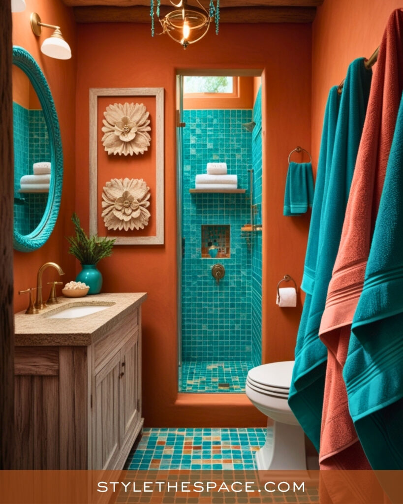 Terracotta and Teal Bathroom With Bold Contrast