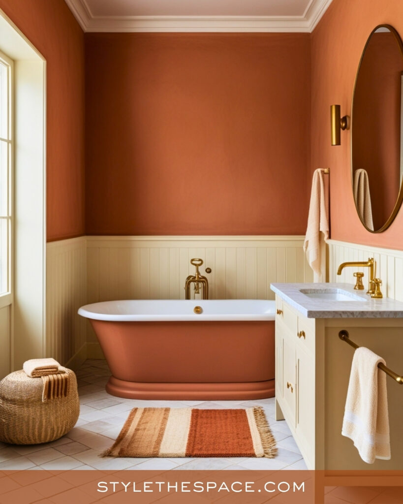 Soft Terracotta Bathroom With Cream Paneling